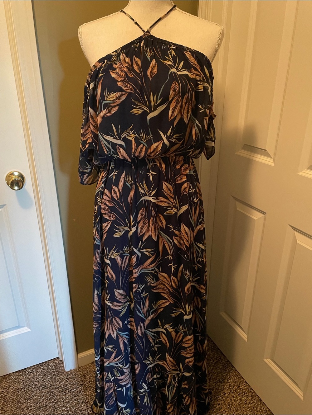 Lulu's Navy Halter Maxi Dress with Tan Leaf Print